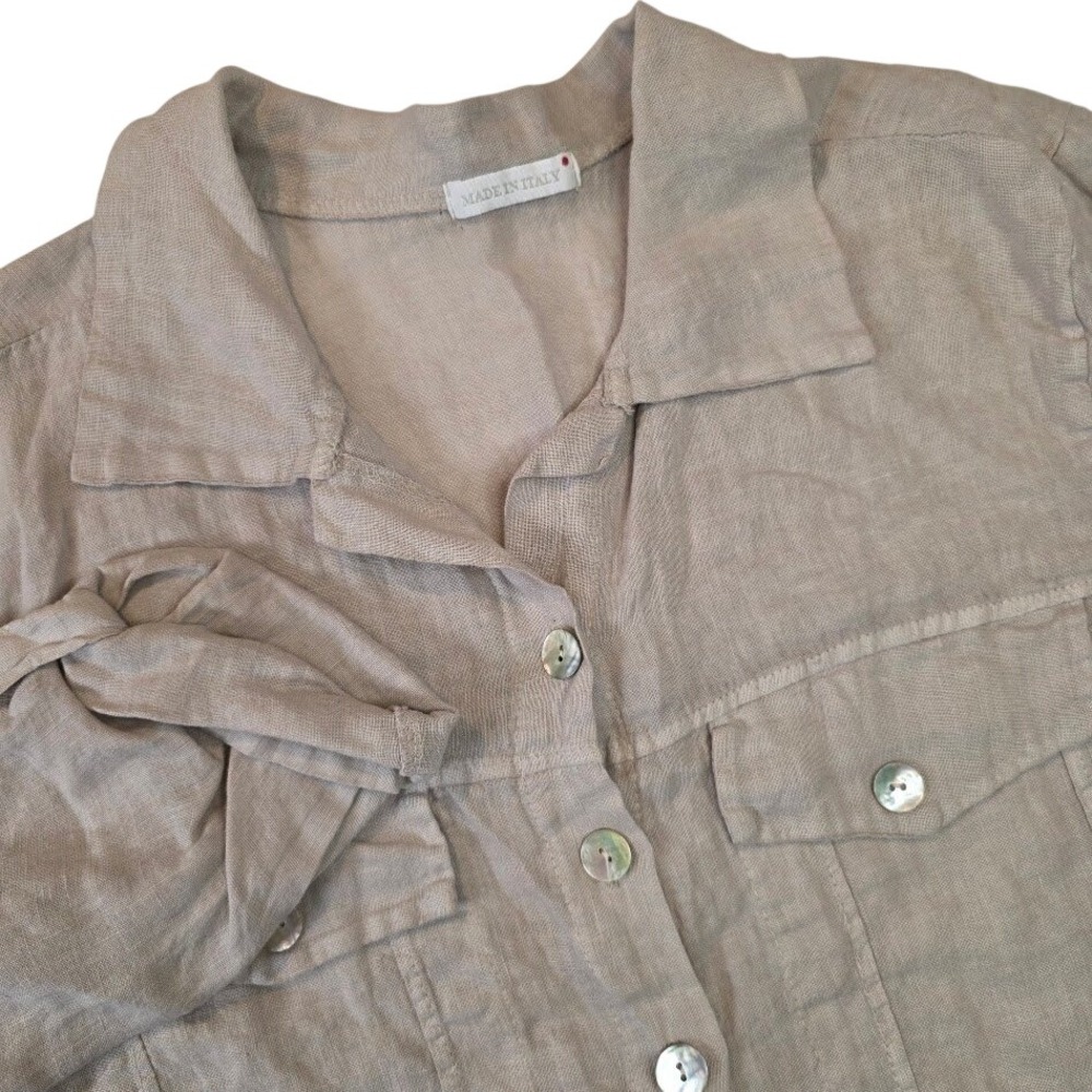 Made in Italy Women's S/M 100% Linen Cropped Jacket Beige Button Front Raw Hem